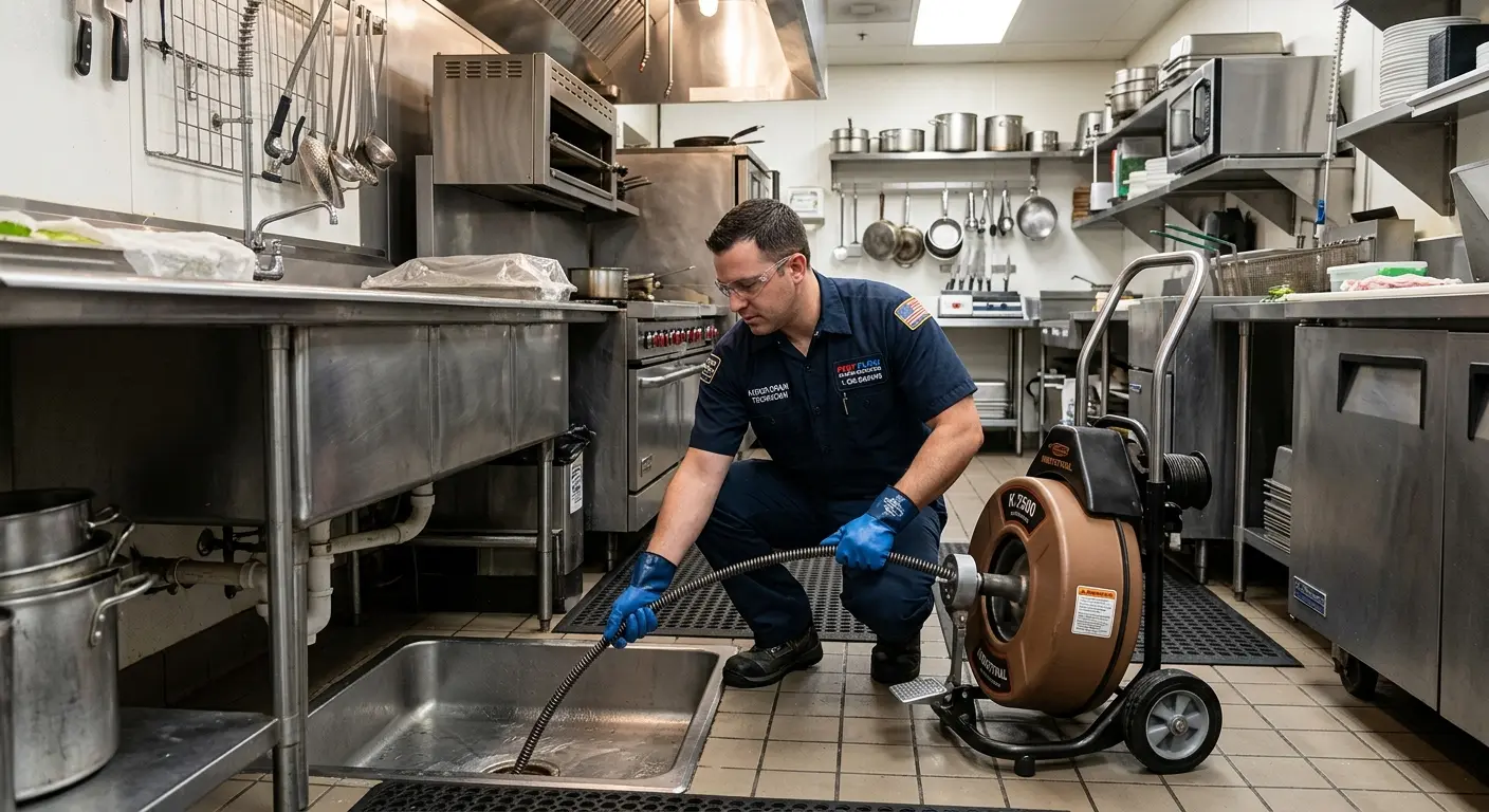 Commercial drain cleaning service in a restaurant kitchen in Carrollton